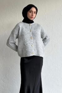 Gold Düğmeli Triko Hırka Gri